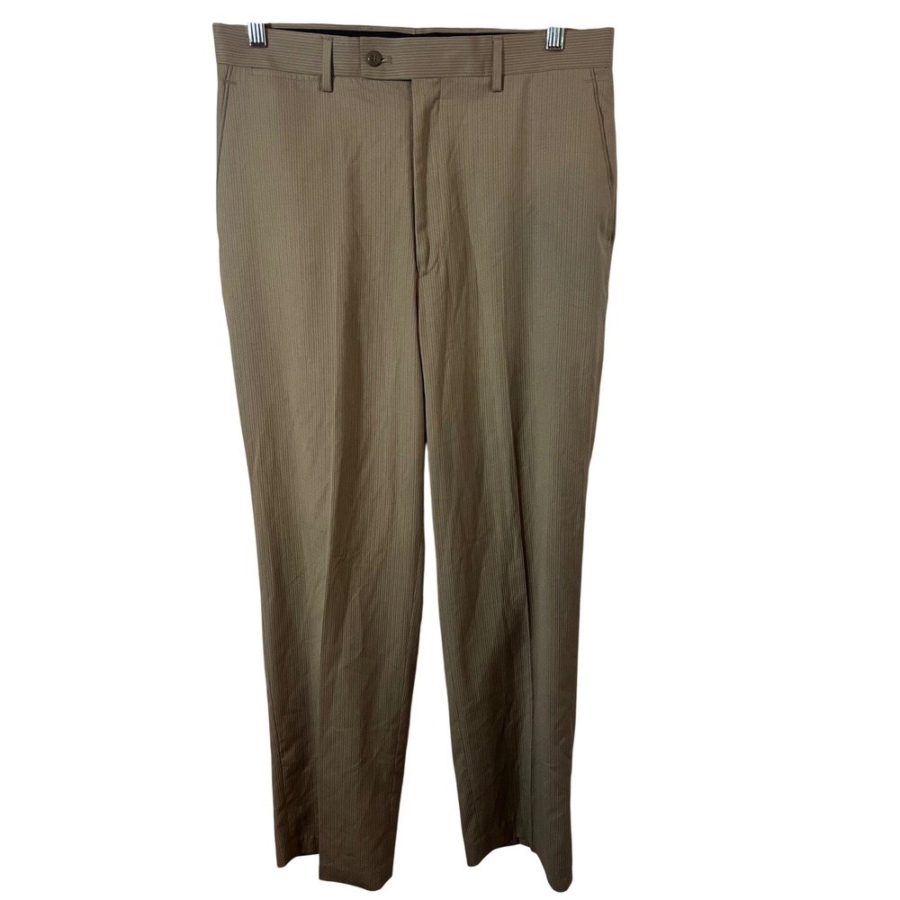 J. Ferrar Dress Pants 34x32 Classic Pinstripe Khaki Tan Straight Leg